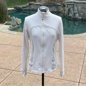 LuLulemon define jacket in white with grey detailing.